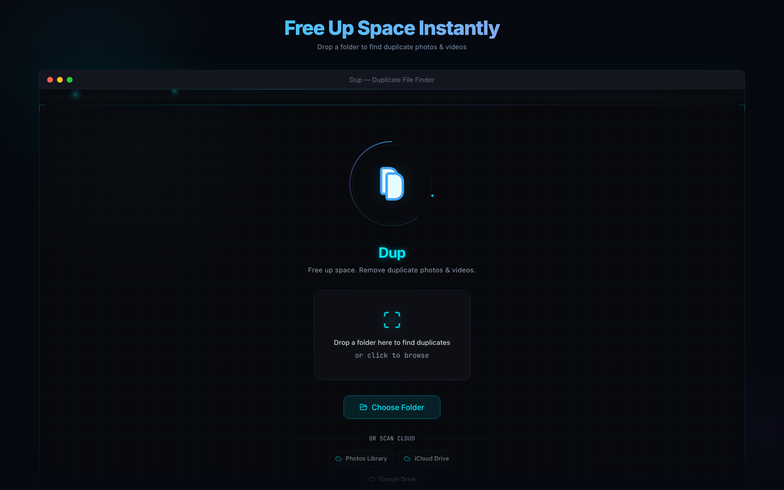 Dup home screen showing folder drop zone for scanning duplicates