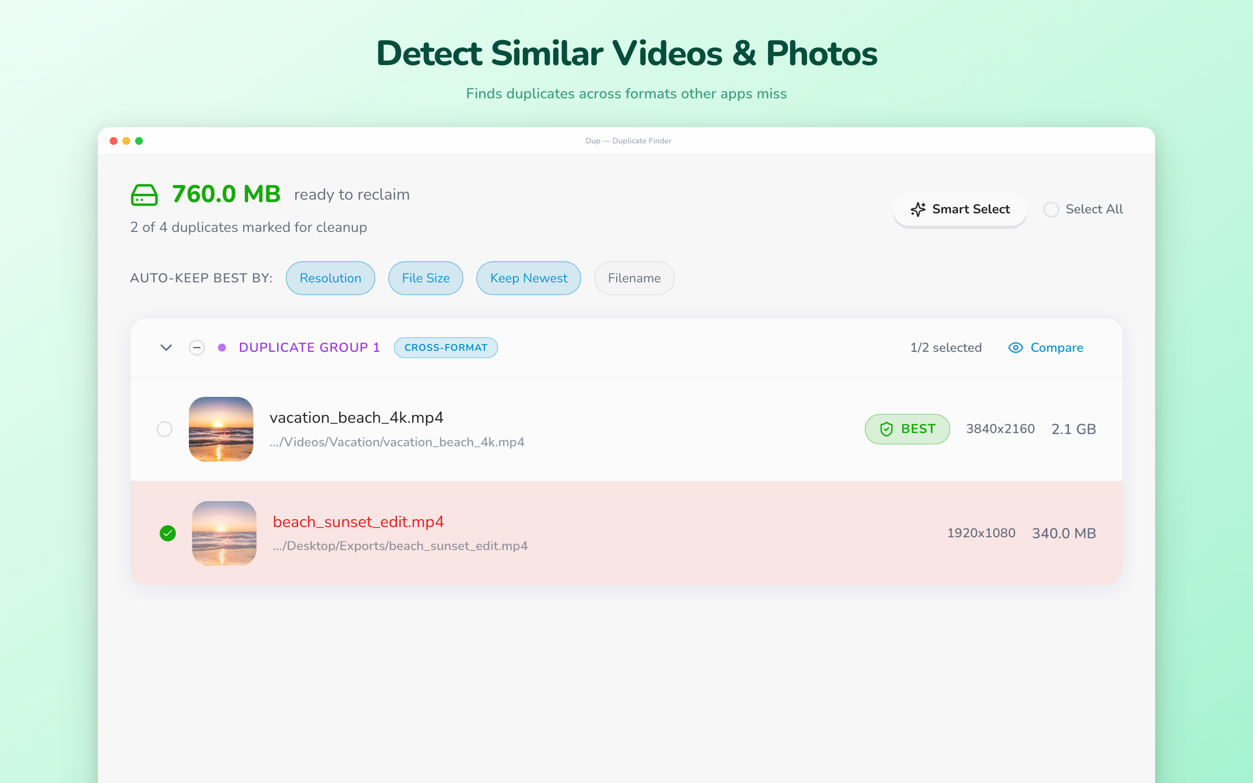 Dup finding similar photos and videos with different names and sizes