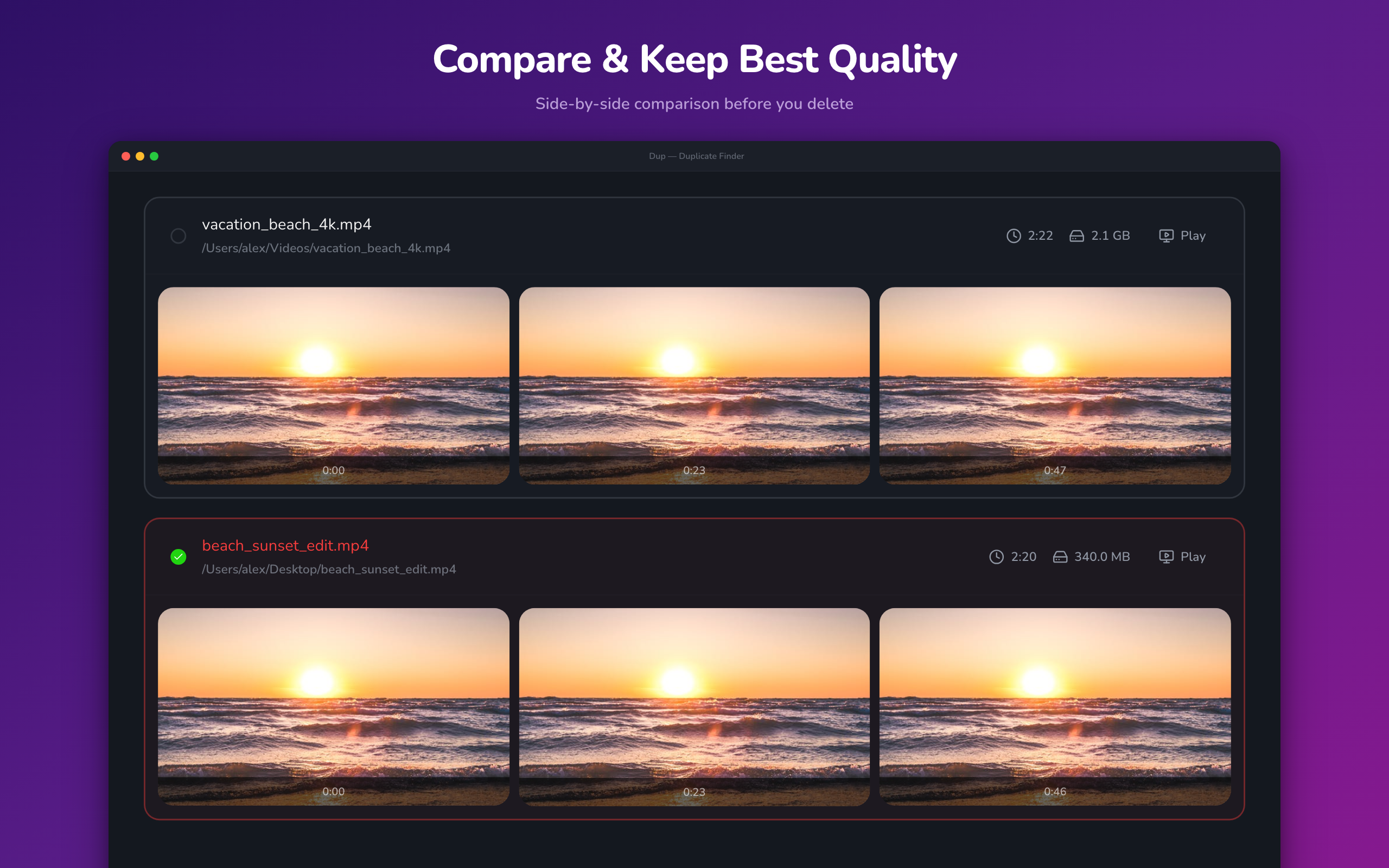 Side-by-side video comparison with thumbnails