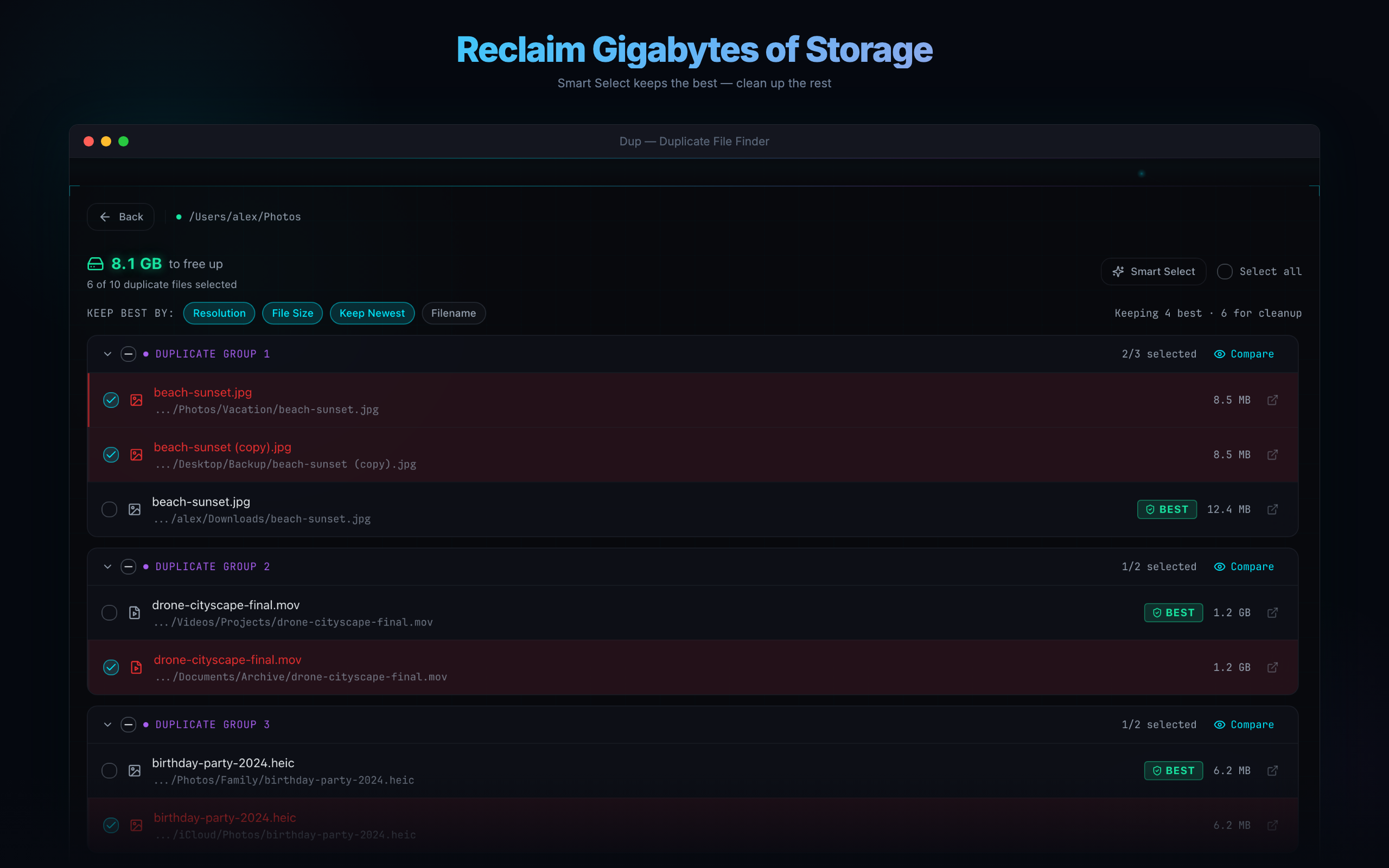 Dup results screen showing duplicate files with Smart Select