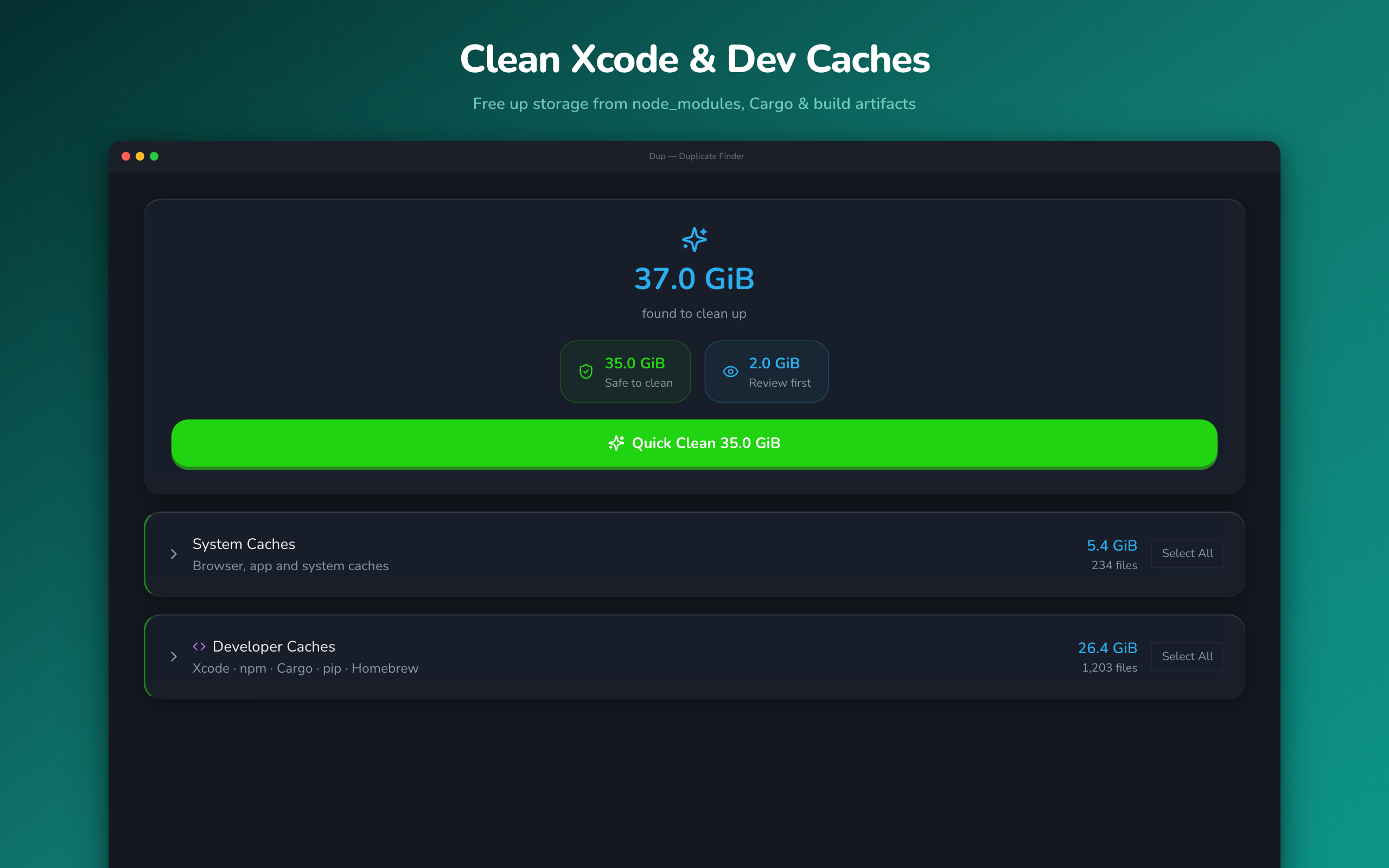 Dev cache cleanup showing storage breakdown in Dup