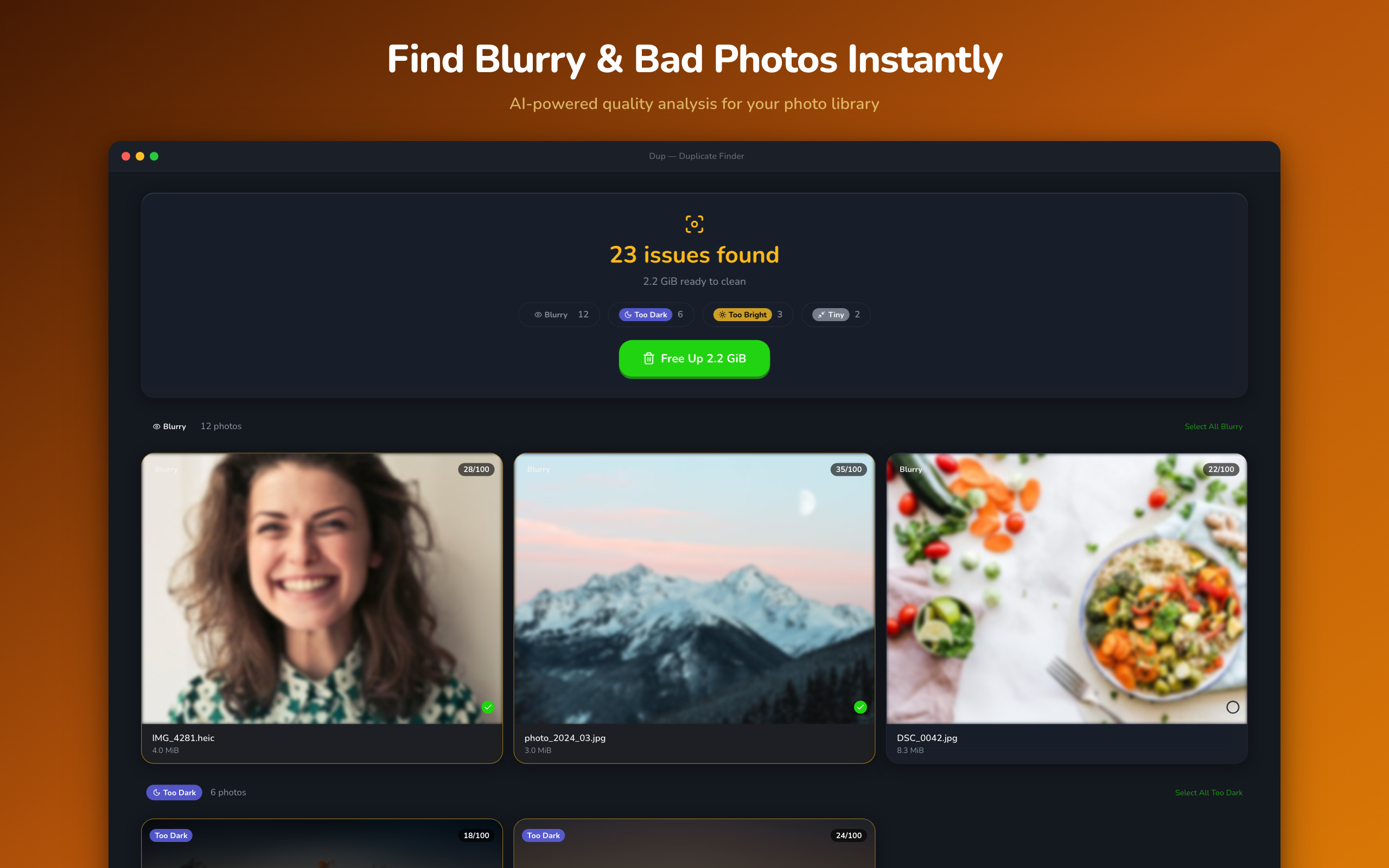 Photo quality scan detecting blurry and low-quality photos in Dup